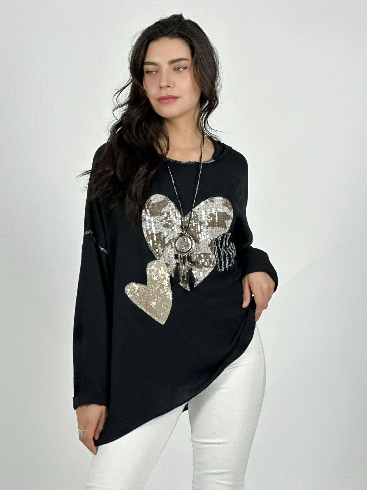 Polera Crepé Triple Corazon Lentejuelas