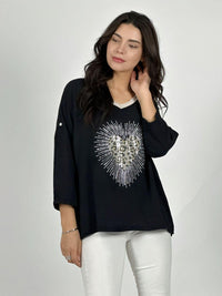 Polera Lino Corazon Print Con Brillos