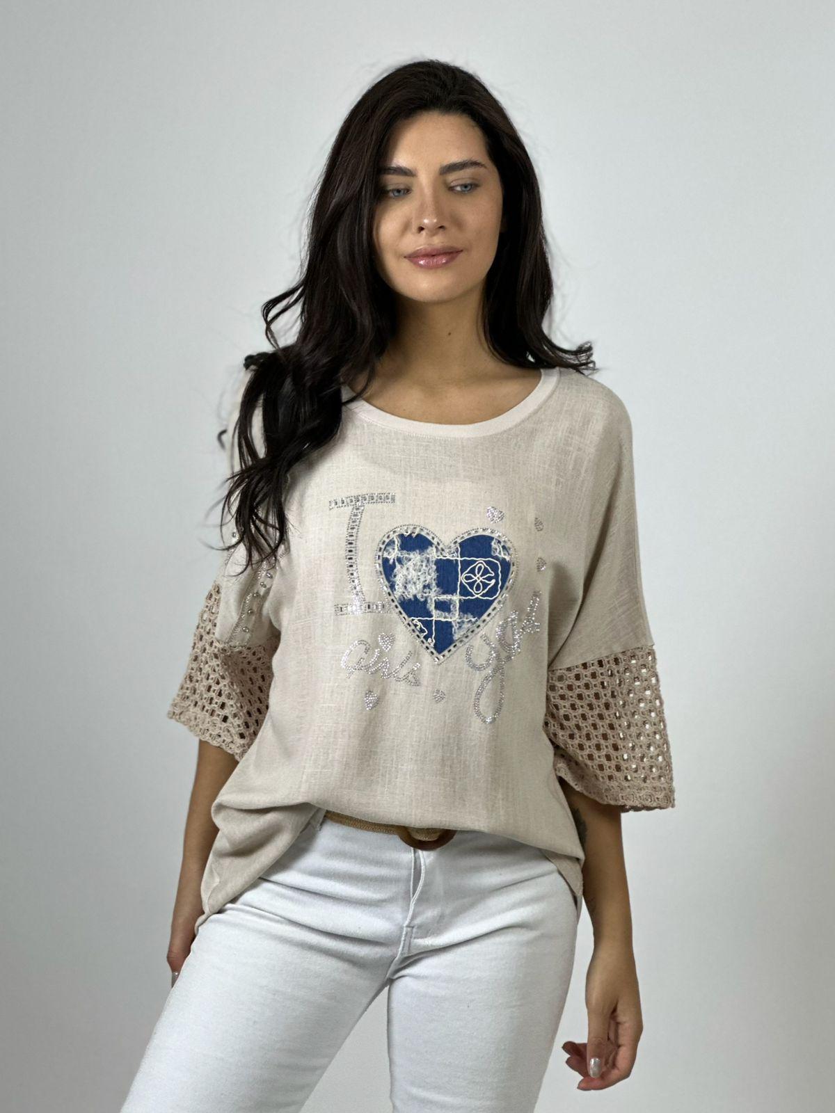 Polera Lino Mangas Tejidas Corazón