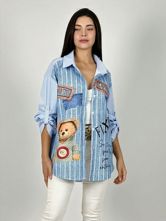 Blusa Lino Estampado Mezclilla Diseño Osito