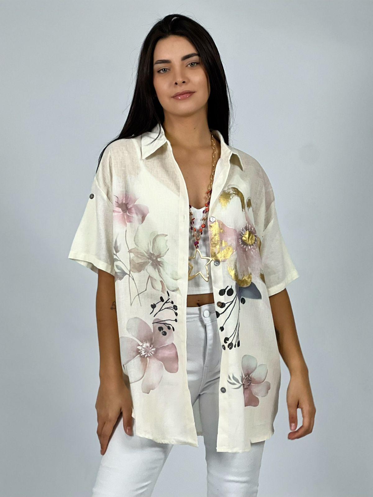 Blusa Lino con Flores Bordes Brillantes