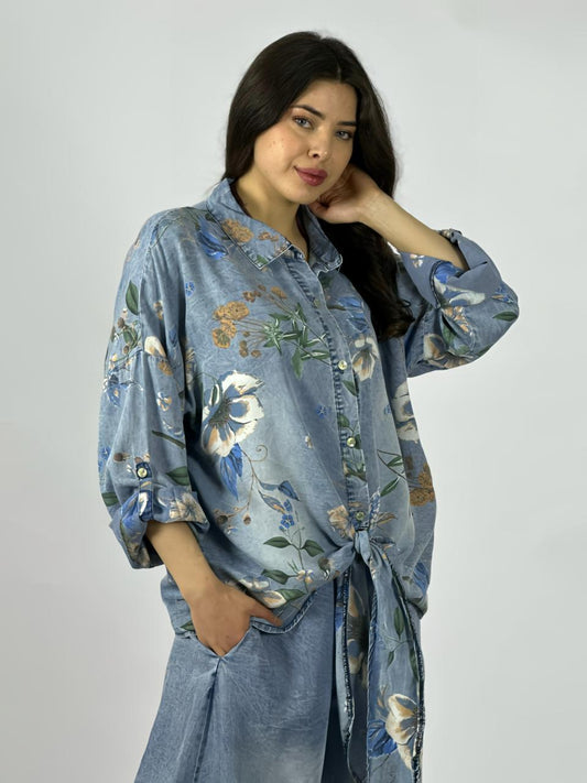 Blusa de Mezclilla Floreada Amarrada