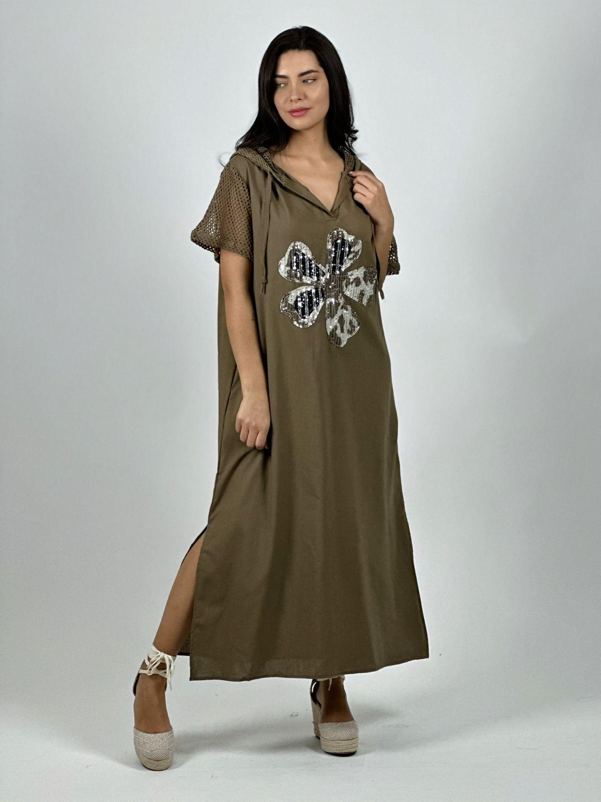 Vestido Largo Crepé Flor Brillos