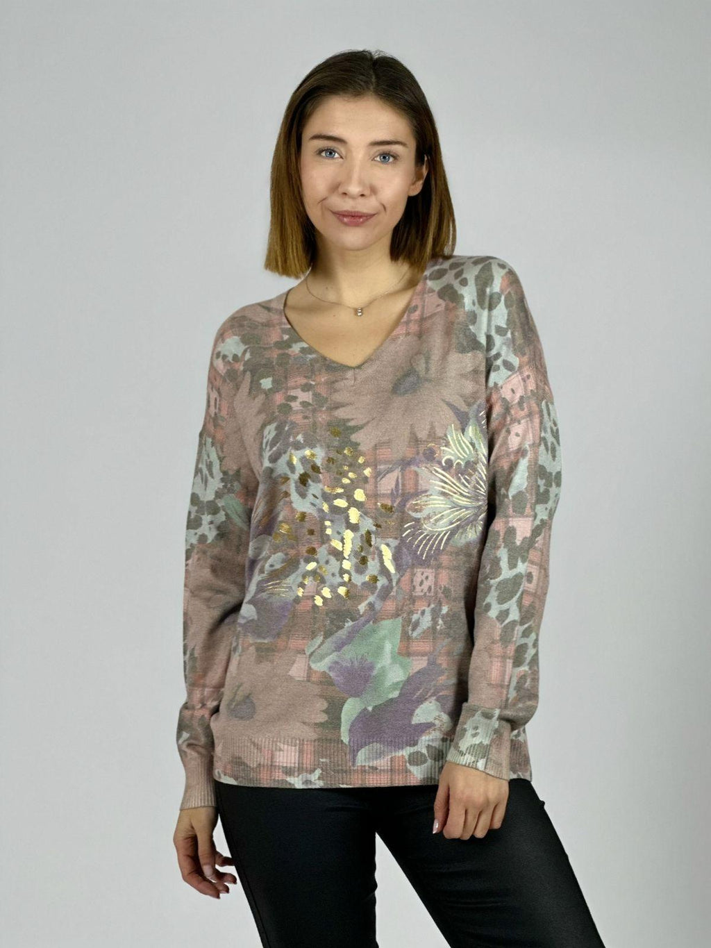 Sweater Cuello V Flores y Print