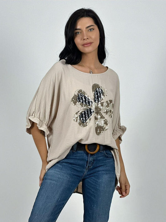 Polera Crepé Flor de Lentejuelas