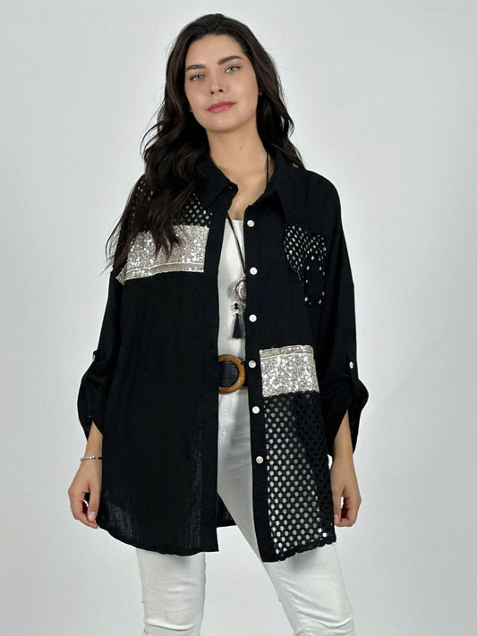 Blusa Lino Broderi con Brillos y Corazón