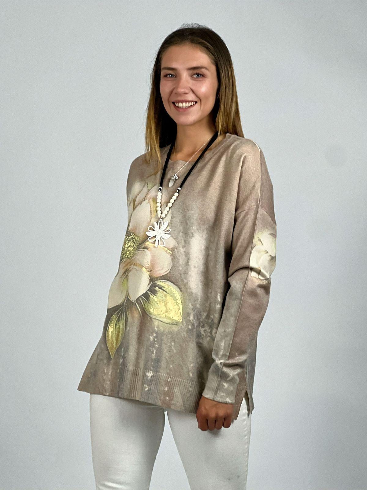 Sweater Spandex Estampado Flor con Brillo