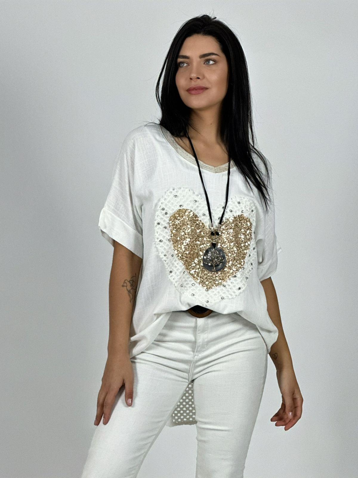 Polera Lino Corazón Brillos y Broderi