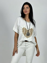 Polera Lino Corazón Brillos y Broderi