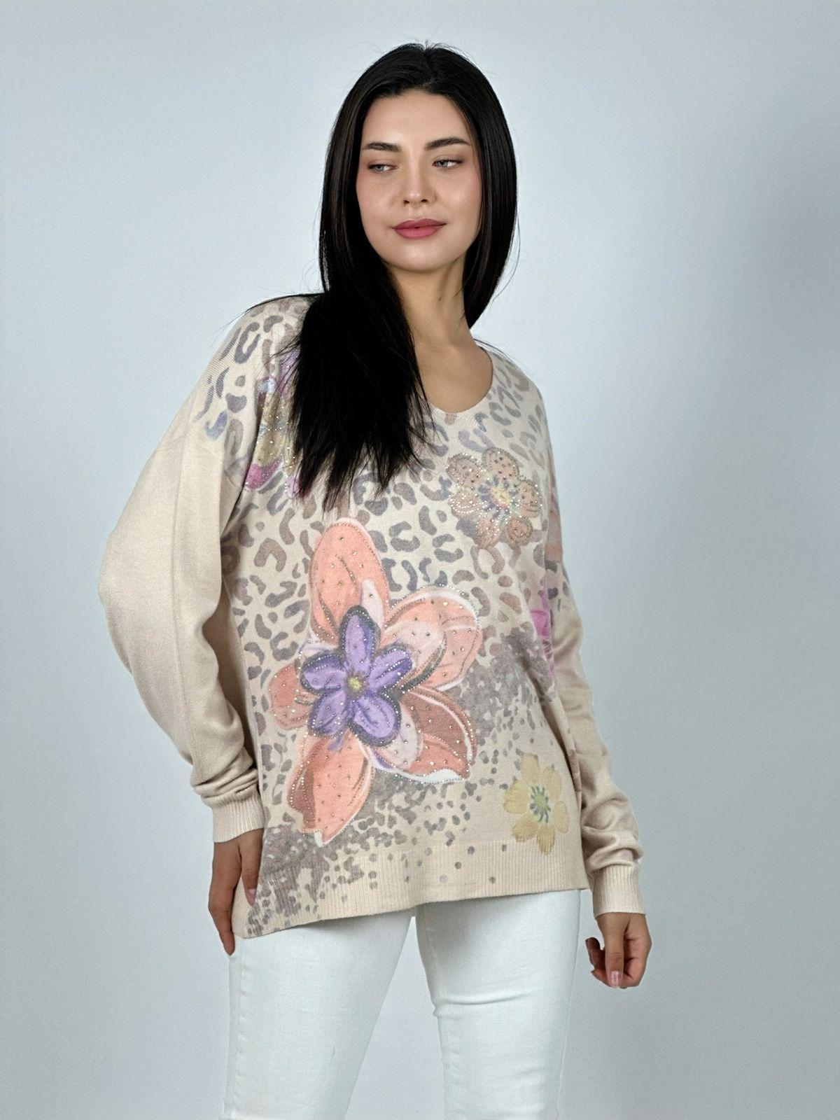 Sweater Spandex Print Con Flores y Brillos