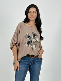 Polera Crepé Flor de Lentejuelas