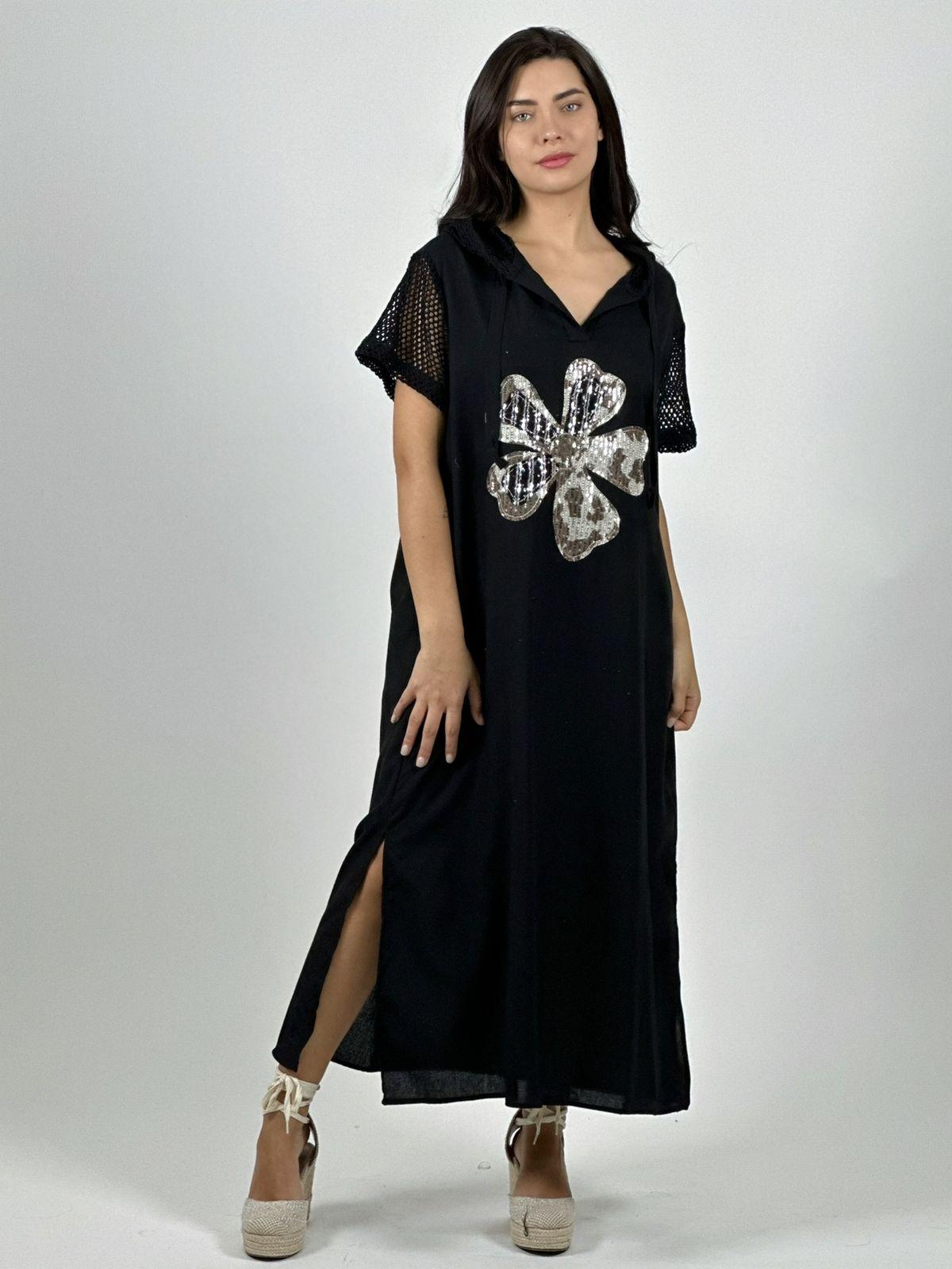 Vestido Largo Crepé Flor Brillos