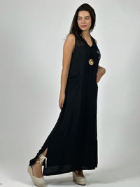 Vestido Crepé Hombros Tejidos y Flor