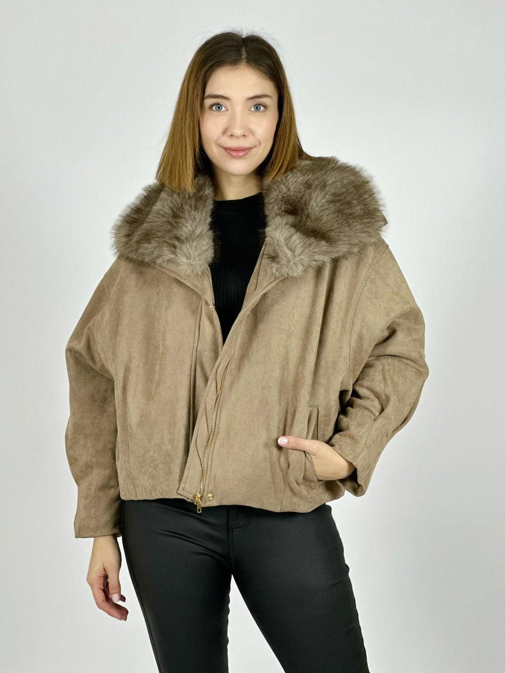 Chaqueta Gamuza Acolchada Cuello Peludo