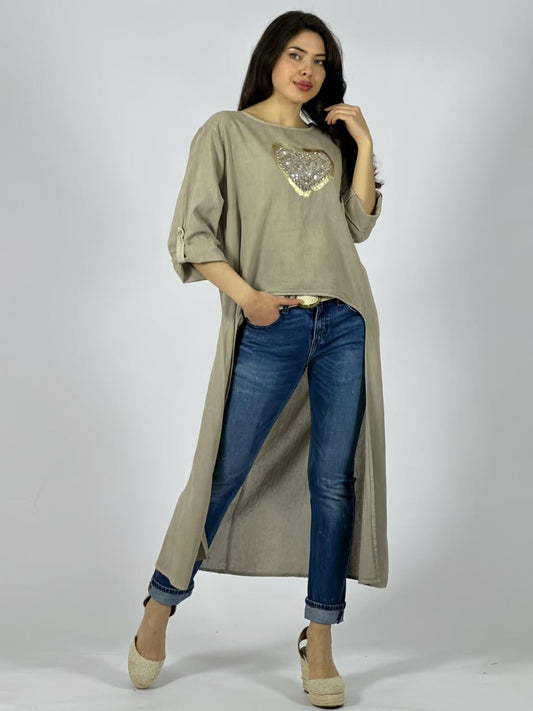 Blusa Lino Con Cola Corazón Brillante