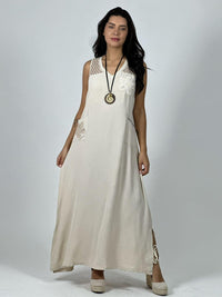 Vestido Crepé Hombros Tejidos y Flor