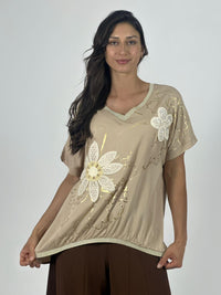 Polera Lino Flor Tejida Lineas Doradas