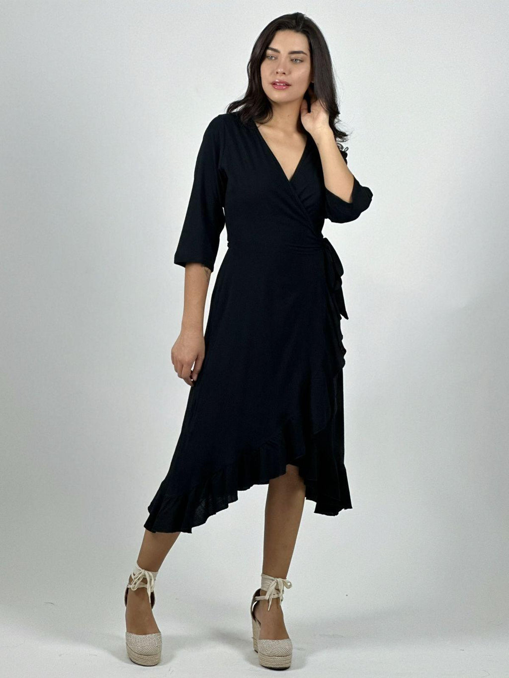 Vestido Lino Amarre Cruzado Con Vuelos