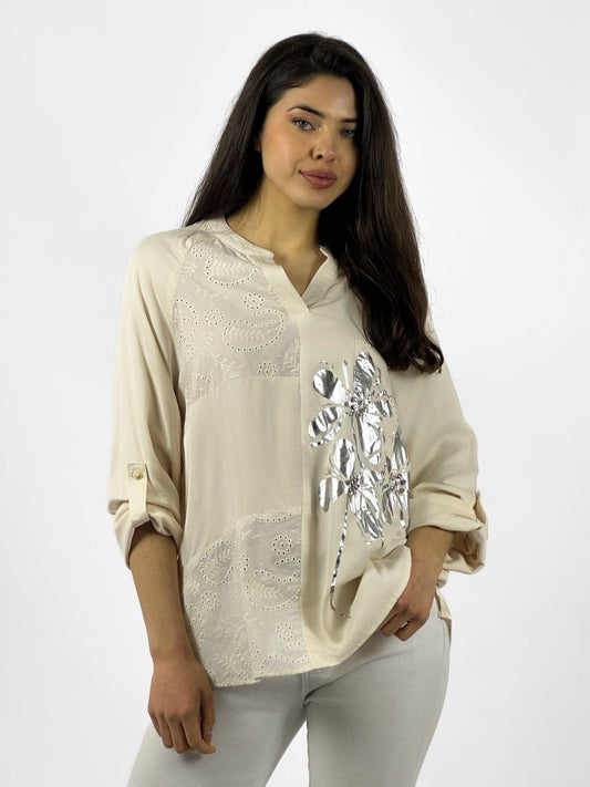 Blusa Diseño Broderi Flor Plateada