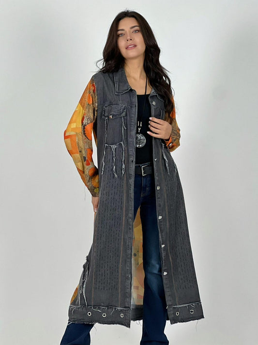 Abrigo de Mezclilla Abotonado Manga Floral