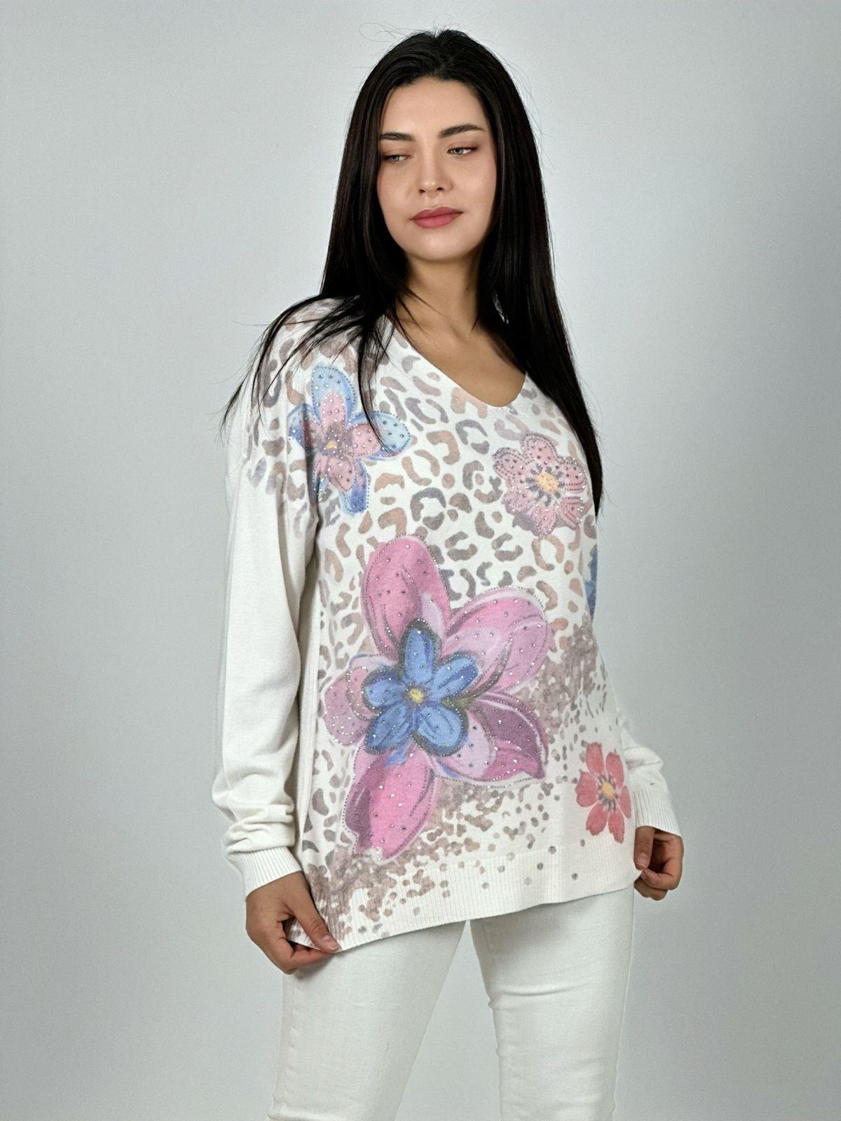 Sweater Spandex Print Con Flores y Brillos