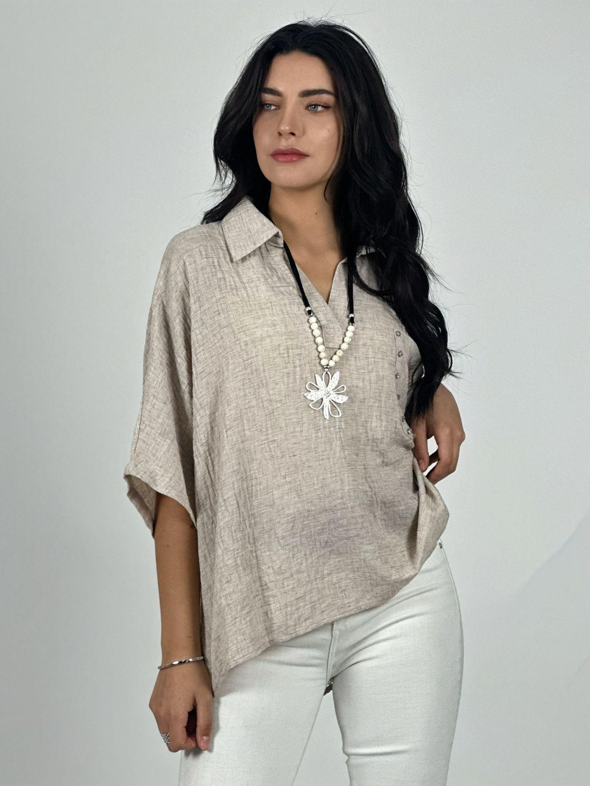 Blusa Lino Bolsillo con Brillos