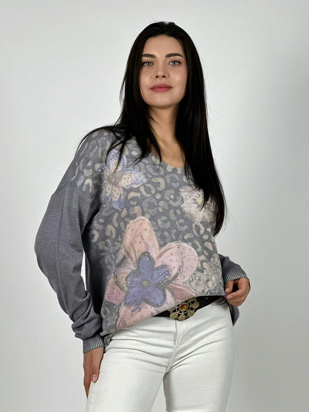 Sweater Spandex Print Con Flores y Brillos