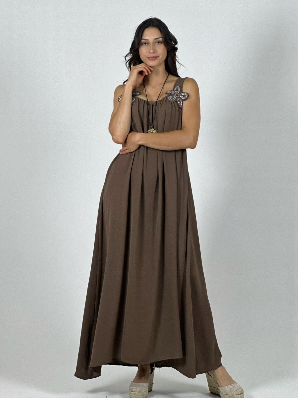 Vestido Crepé Tirantes Con Flores Brillantes