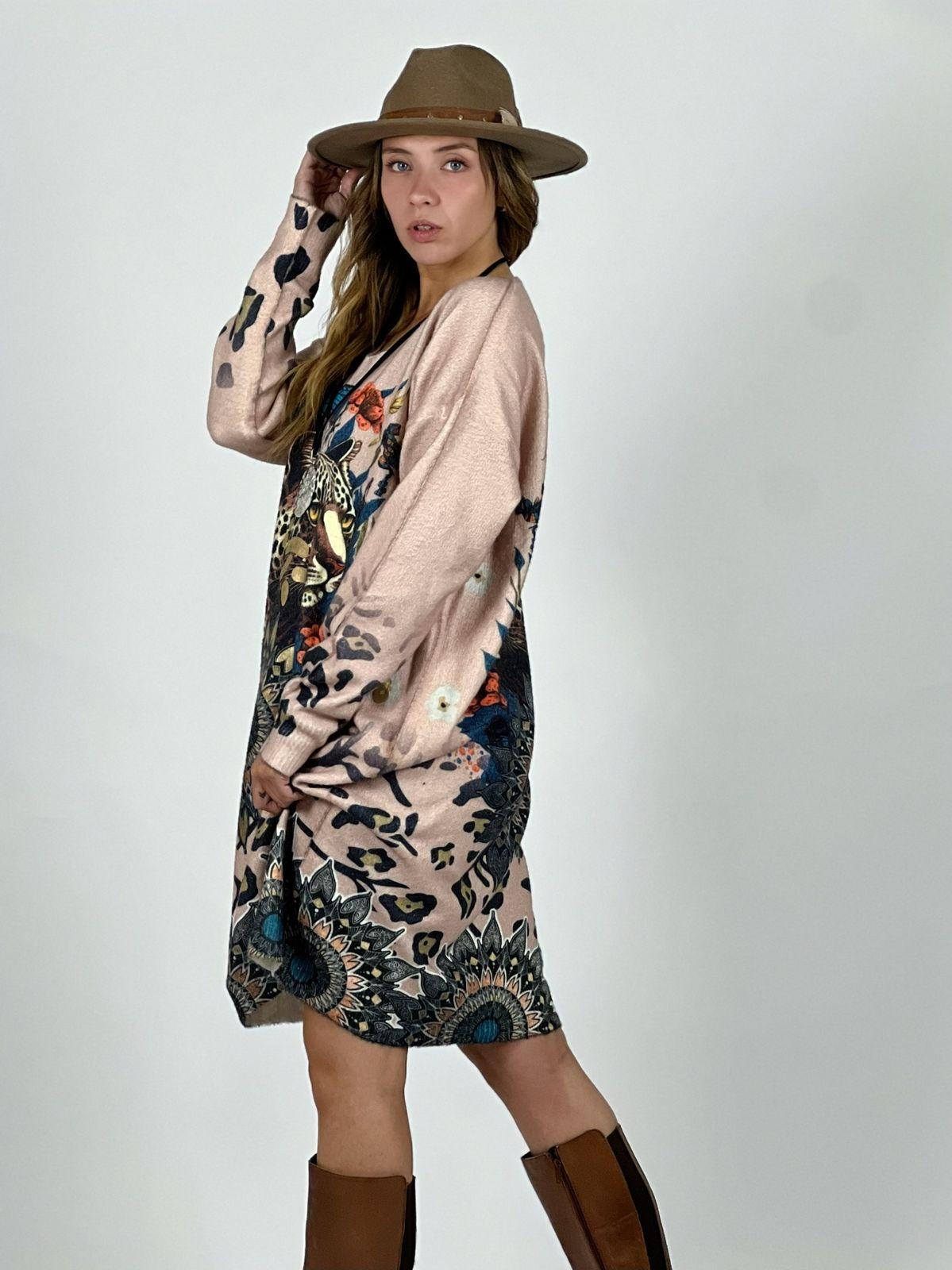 Vestido Lanilla Animal Print con Mariposas