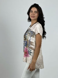 Polera Algodón Cuadro Abstracto Rosas