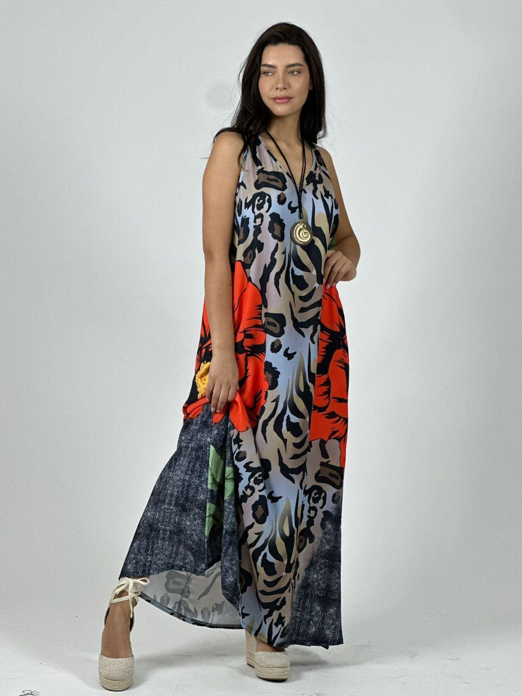 Vestido Crepé Animal Print con Flor