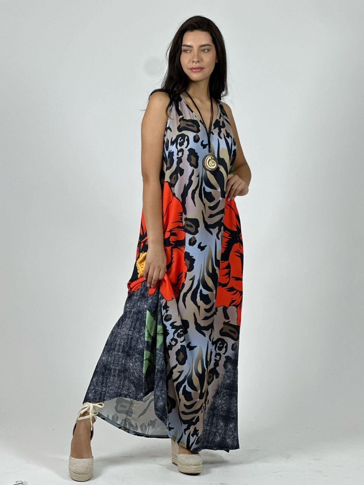 Vestido Crepé Animal Print con Flor