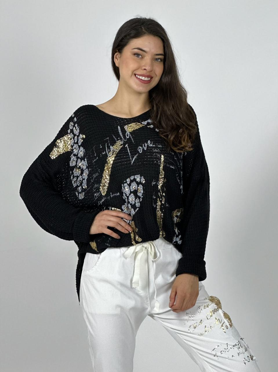 Sweater Tejido Italiano Flores Brillos y Letras