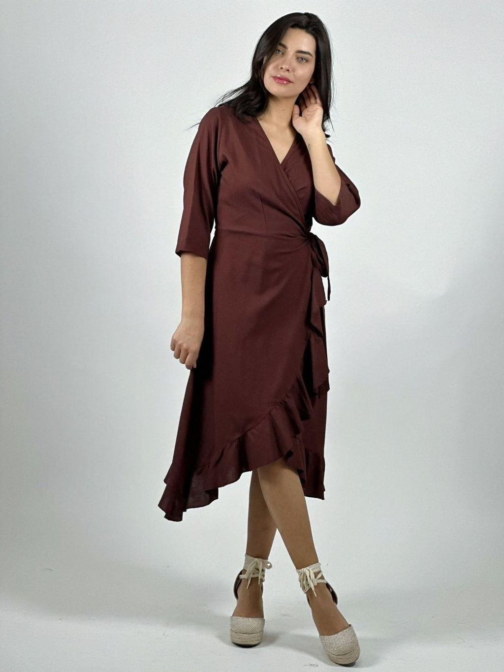 Vestido Lino Amarre Cruzado Con Vuelos