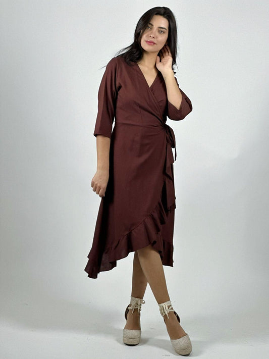 Vestido Lino Amarre Cruzado Con Vuelos