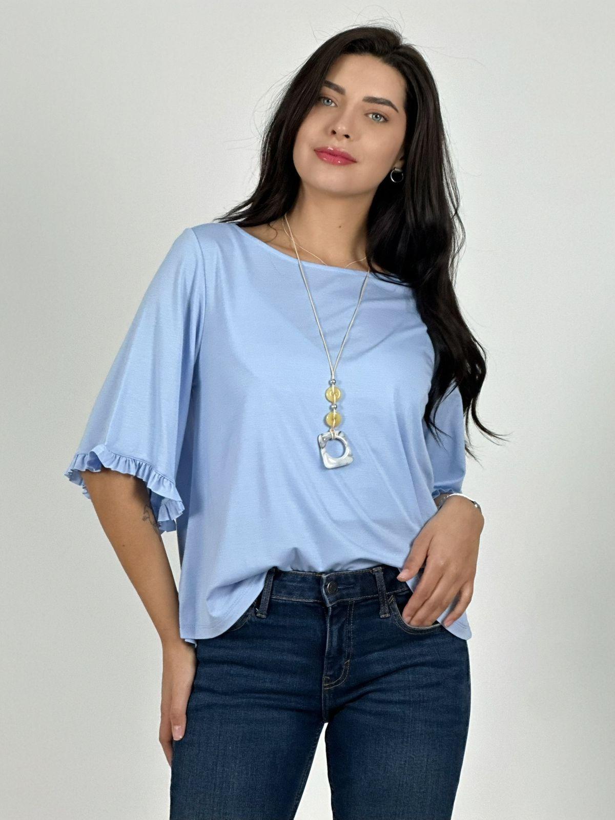 Blusa Viscosa Mangas Farolaos con Collar