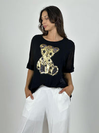 Polera Algodón Osito Dorado Mangas Tejidas