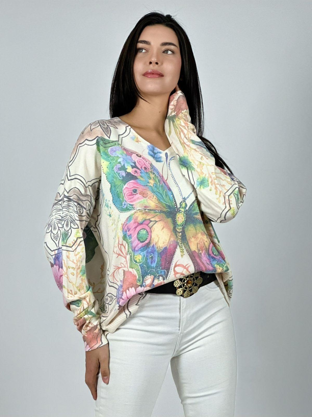 Sweater Spandex Mariposa Brillante con Flores