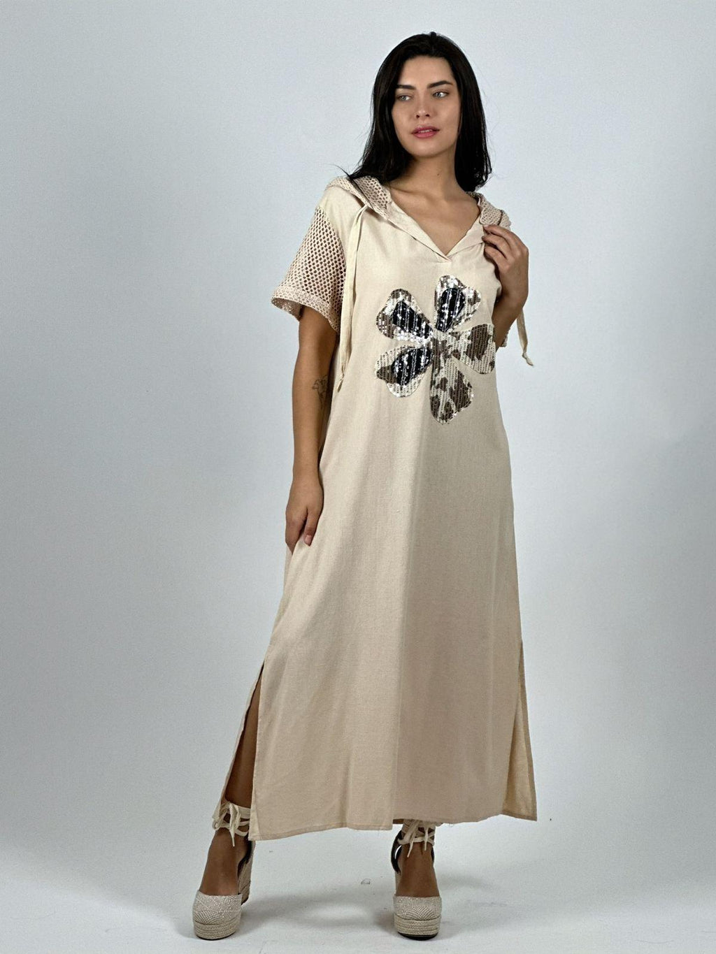 Vestido Largo Crepé Flor Brillos