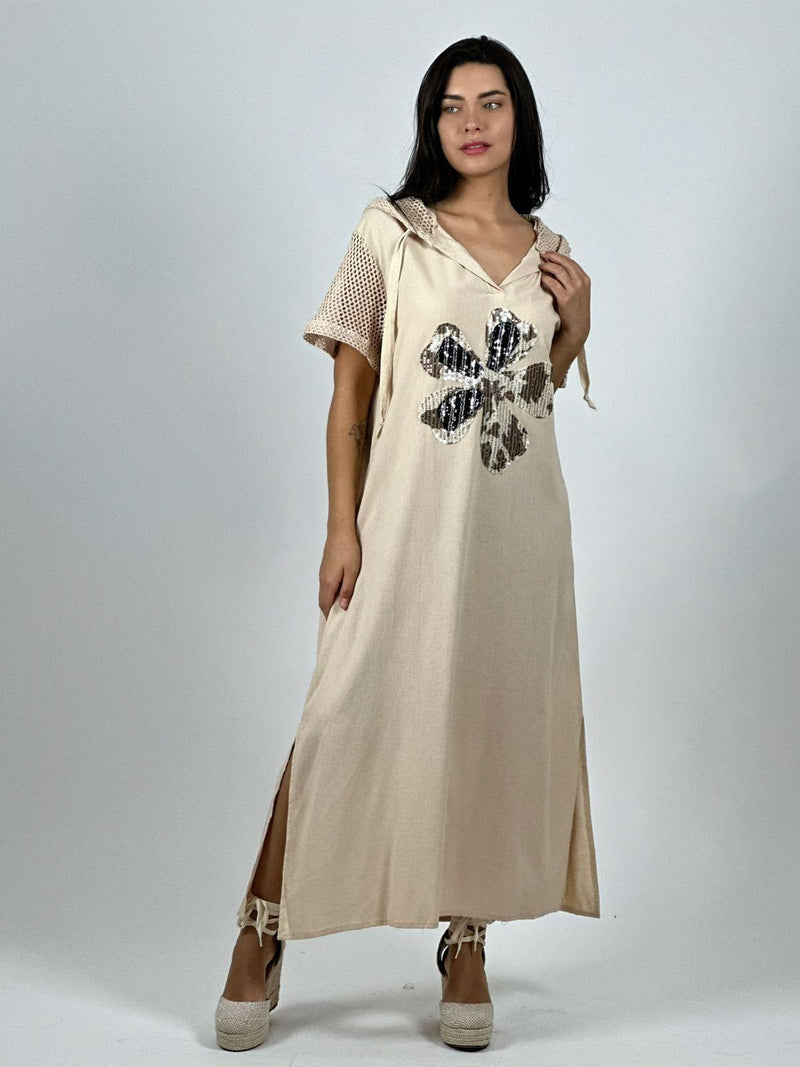 Vestido Largo Crepé Flor Brillos