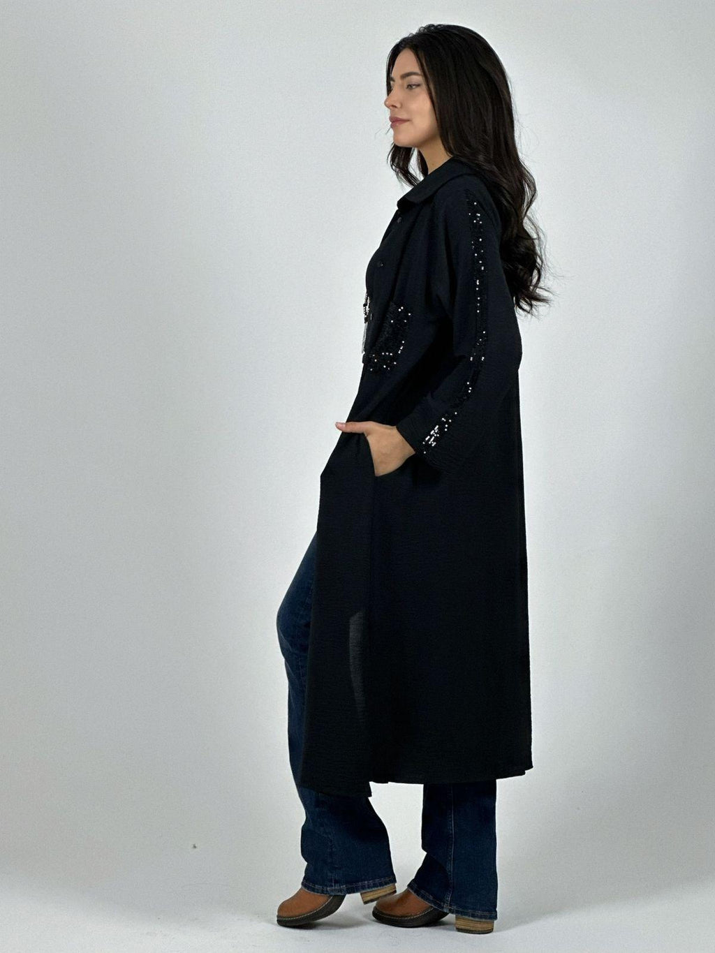 Blusón Camisero Tela Cey Con Detalles Brillantes