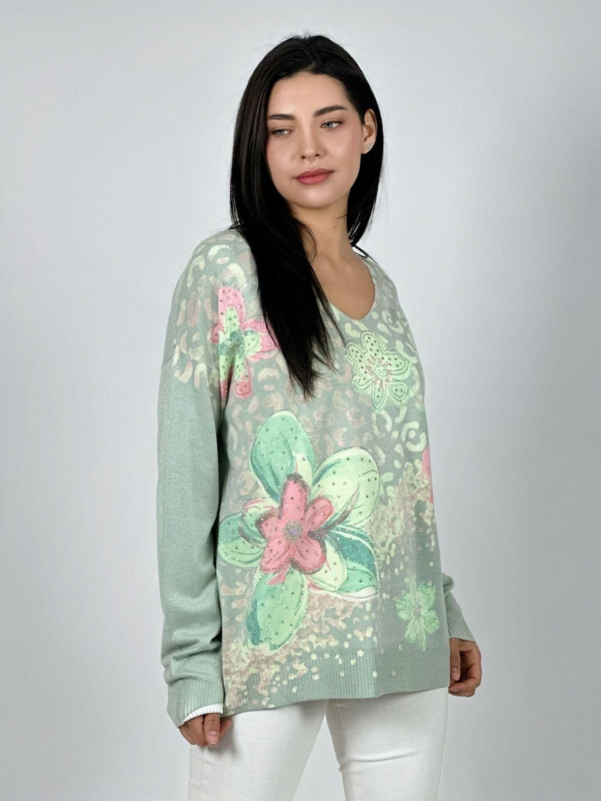 Sweater Spandex Print Con Flores y Brillos