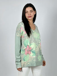 Sweater Spandex Print Con Flores y Brillos