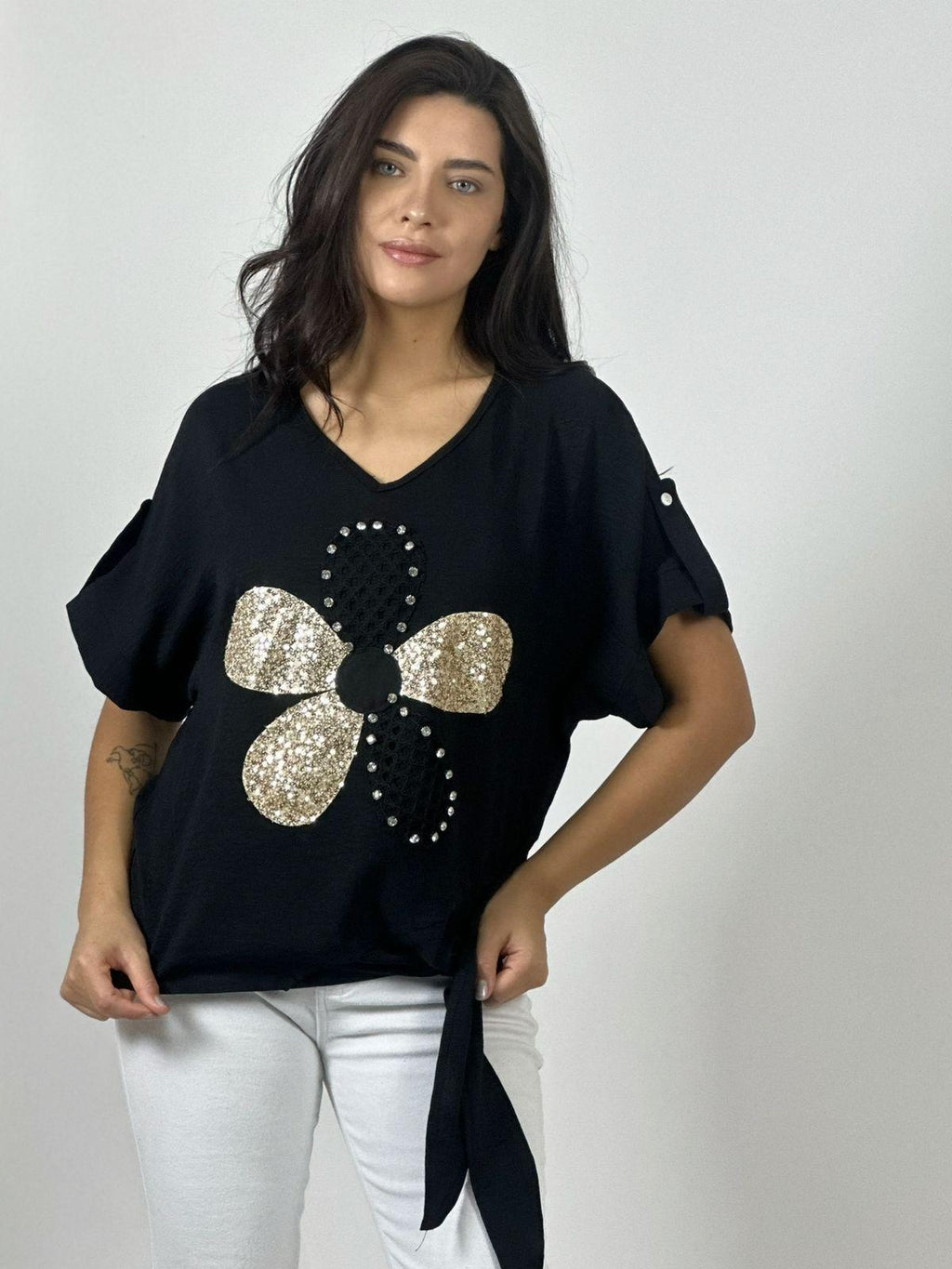 Polera Crepé Flor y Dorso Tejido