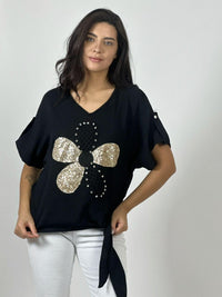 Polera Crepé Flor y Dorso Tejido