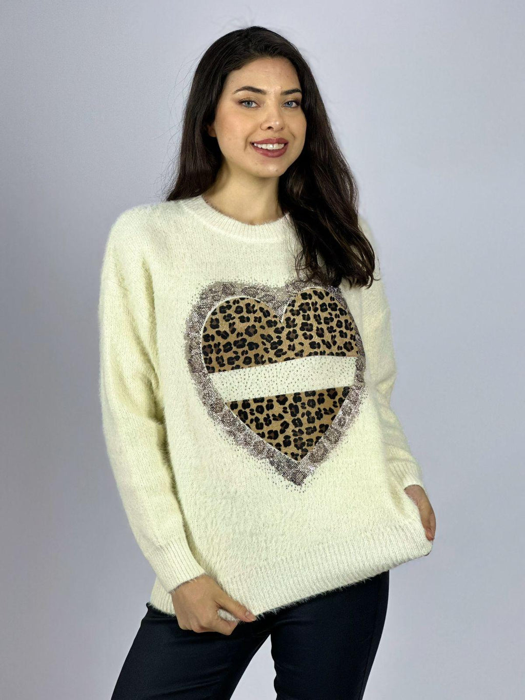 Sweater Cashmere Corazón Print con Brillos