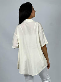 Blusa Lino con Flores Bordes Brillantes