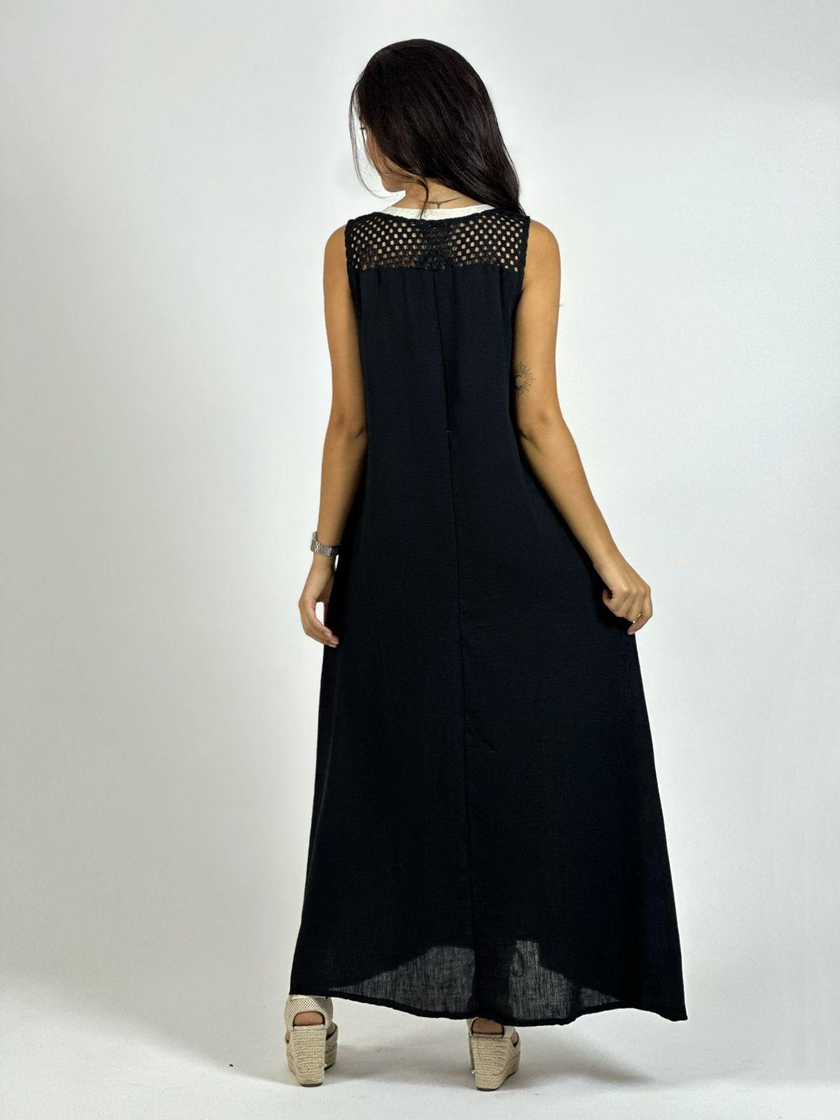 Vestido Lino Hombros Tejidos Flor