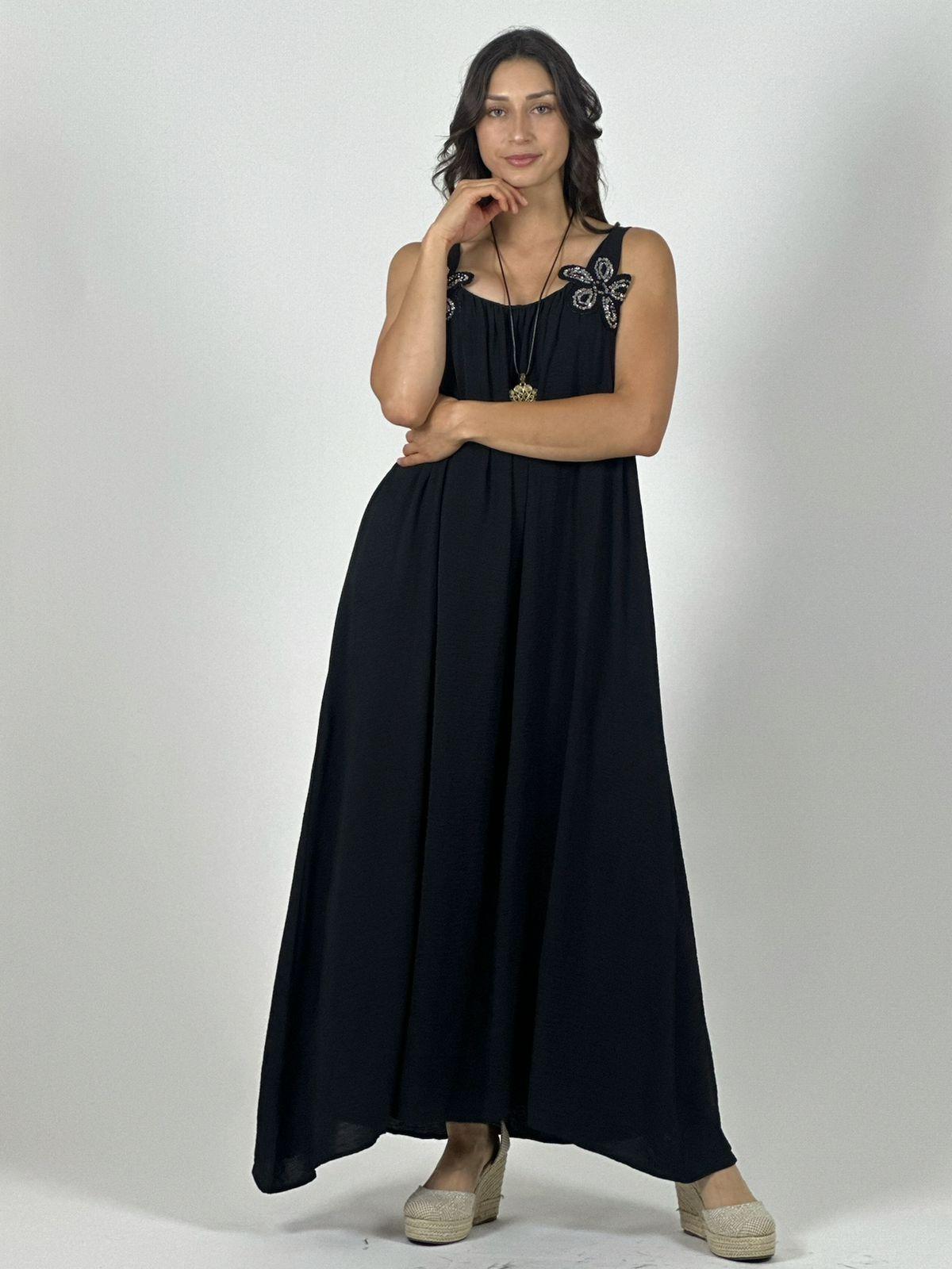 Vestido Crepé Tirantes Con Flores Brillantes