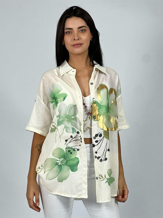 Blusa Lino con Flores Bordes Brillantes